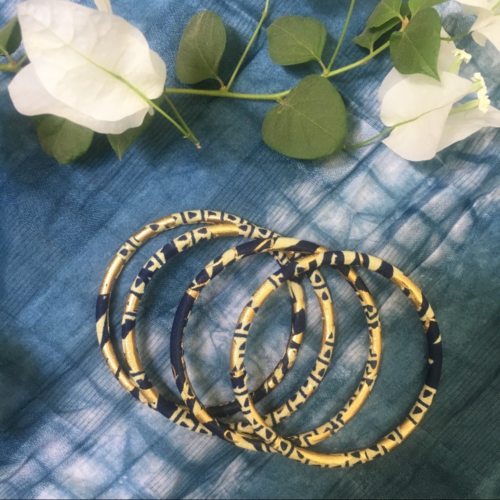 Four African wax print bracelets bangle set navy